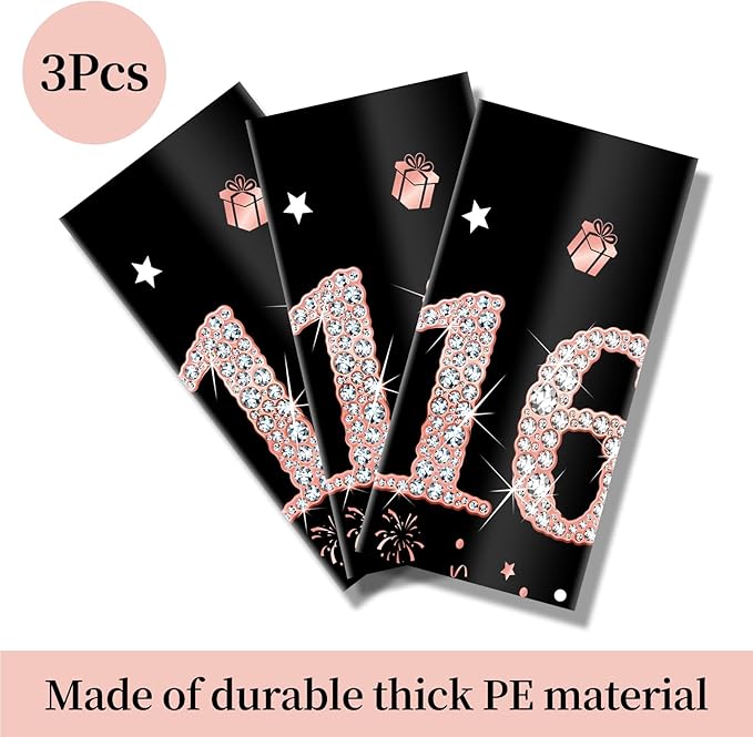 3 Pack Sweet 16th Birthday Tablecloth Decorations for Girls, Rose Gold Happy Sixteen Birthday Theme Table Cover Party Supplies, 16 Year Old Birthday Plastic Disposable Rectangular Table Cloth Decor