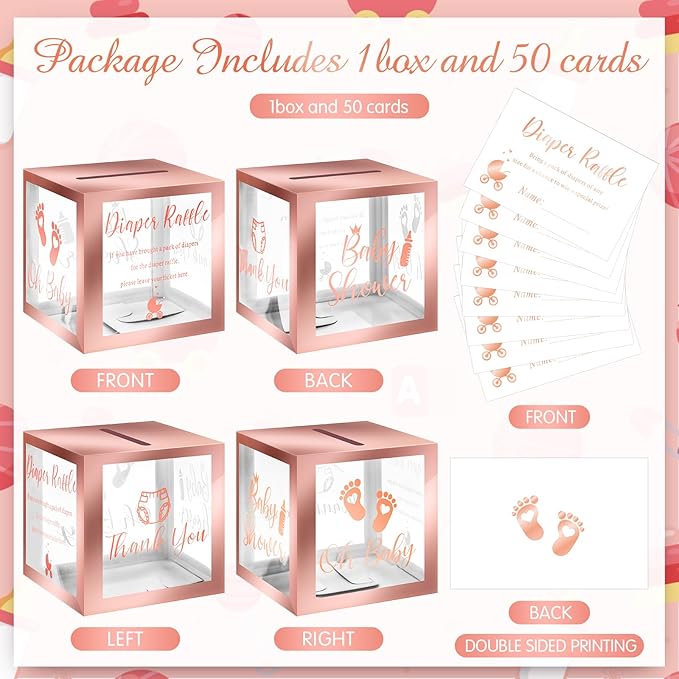 Funrous 51 Diaper Raffle Tickets with Box for Baby Shower Game Invitations Diaper Raffle Card for Gender Reveal Baby Shower Party Decoration Table Centerpiece(Clear Rose Gold)