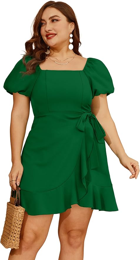 Sampeel Womens Summer Dresses Square Neck Puff Sleeve Tie Waist Short Dress