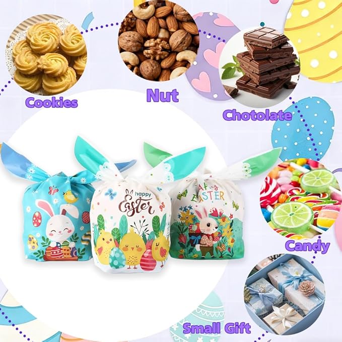 Easter Treat Bags, Happy Easter Goodies Gift Bags, 100 Pcs Cute Bunny Plastic Candy Snack Goody Reusable Wrapping Bag for Gifts Giving Spring Holiday Easter Party Favor Decorations Supplies 6 Designs