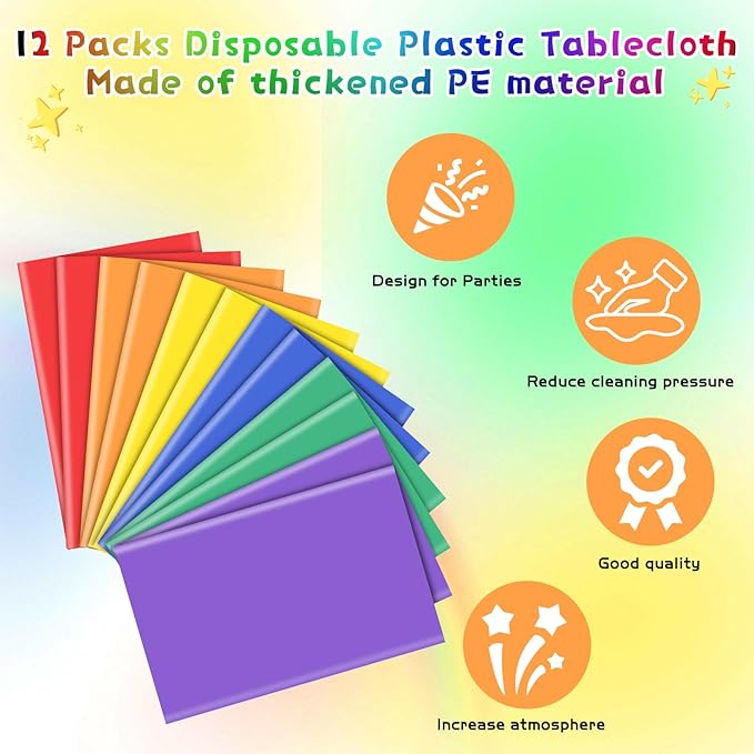 mwellewm 12Pcs Plastic Table Cloth Disposable, Assorted Color Rainbow Tablecloth Colorful Neon Rectangle Bulk Solid Table Cover for Birthday Wedding Graduation Picnic Party Decorations(54x72 Inch)