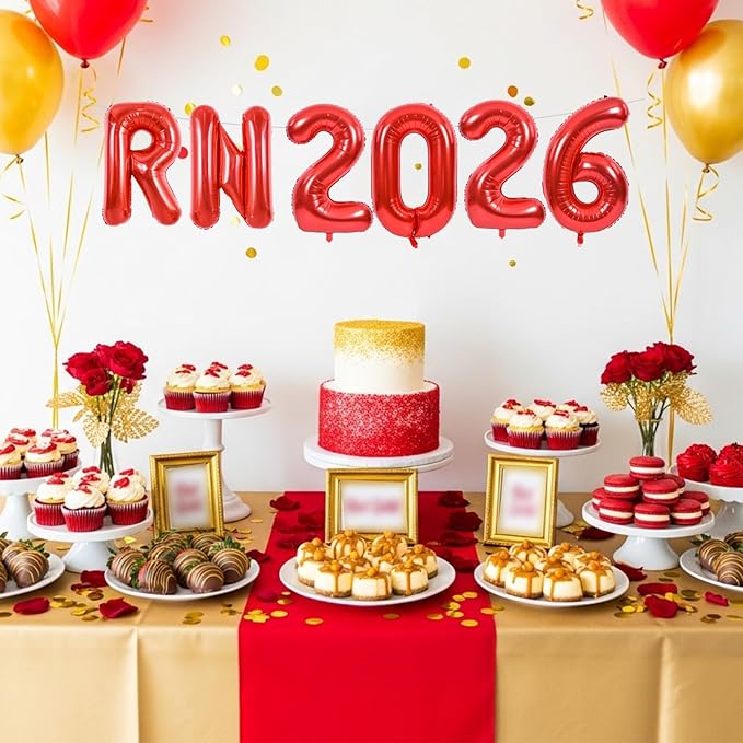TONIFUL 2026 Nurse Graduation Decorations Red RN 2026 Balloons 16 Inch RN 2026 Banner Class of 2026 Registered Nurse Balloons Decorations 2026 Nursing Graduation Party Supplies