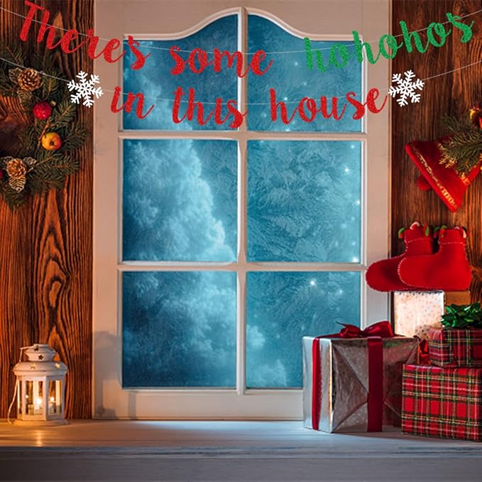 There's Some Ho Ho Hos in This House Banner, Glittery Red Green Christmas Party Decorations Banners Winter Holiday Garland Photo Props Banner for Party Home Office Decorations