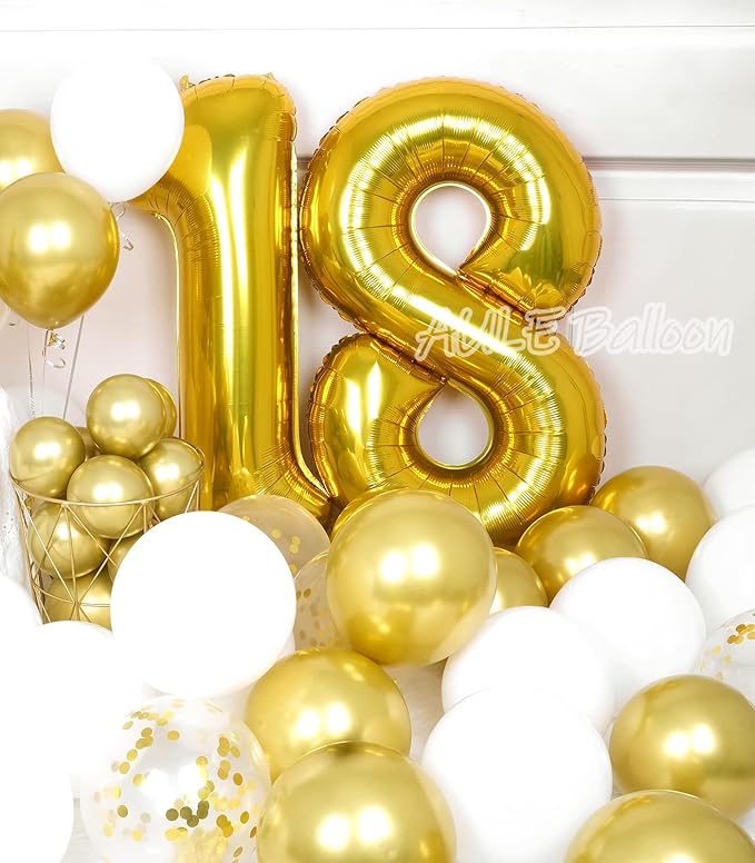 AULE 40 Inch Jumbo Gold Foil Mylar Number Balloons for Boy Girl 18th Birthday Party Decorations 18 Years Old Anniversary Party Supplies