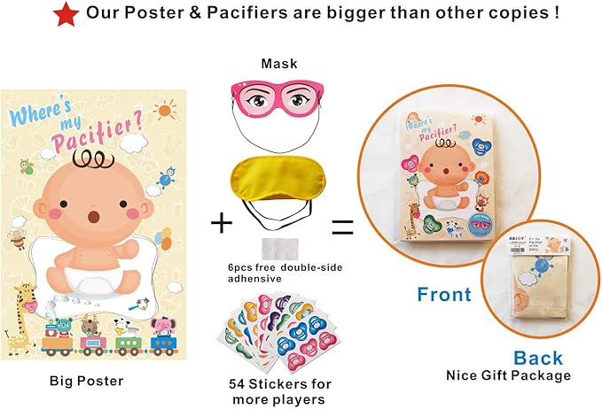 ADJOY Pin The Pacifier on The Baby Game - Baby Shower Party Favors Dummy Pin Game