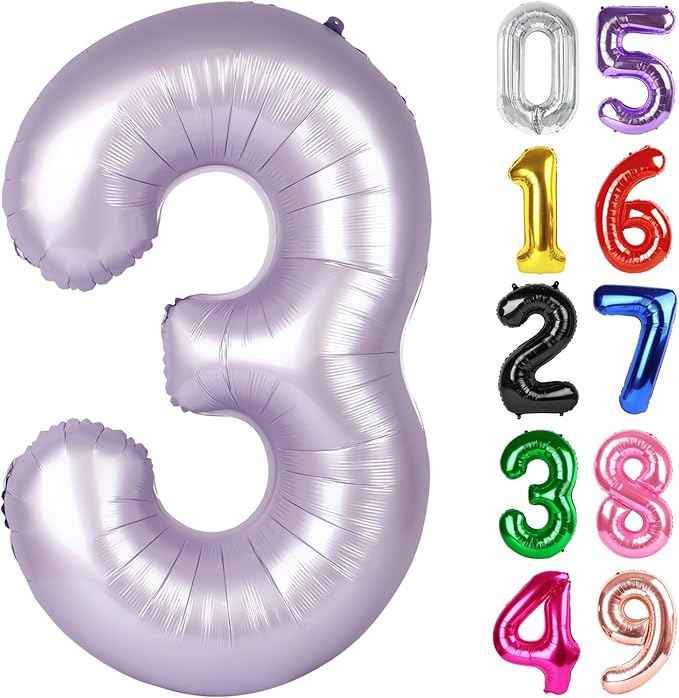 Lilac Number 3 Balloon 40 Inch, 3rd Birthday Celebration Supplies for Girls Boys Women Men, 3 Balloon for Girls Boys Theme Party