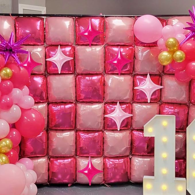 32PCS Hot Pink Square Foil Balloon Wall Double Sided, Metallic Bright Pink and Light Pink with Star Balloons Backdrop Flat Tunnel Foil Magenta Background for Girls Women Princess Birthdays Baby Shower
