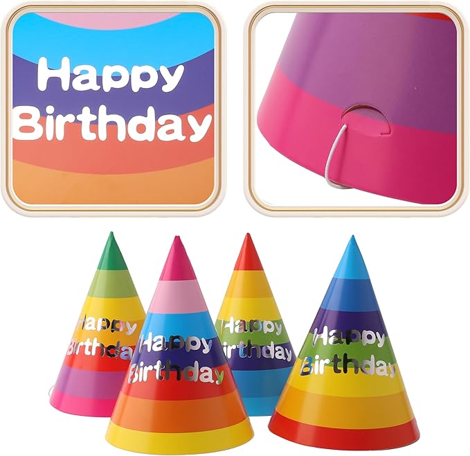 Azude Rainbow Party Hats for Kids and Adults, 12 Pack Happy Birthday Cone Hats with Metallic Foil Text, Sturdy 250gsm Paper Birthday Caps for Boys Girls & Classroom Celebrations, 7.9 Inch