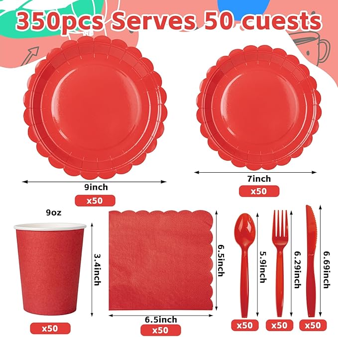 LIYH 350 Pcs Red Paper Plates and Napkins Set for 50 Guest, Disposable Paper Plates Include Red Scalloped Plate Cocktail Napkins Cups Cutlery for Birthday Party