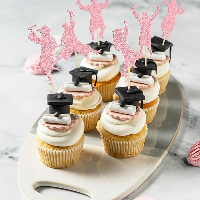 Gyufise 24Pcs 2026 Student Graduation Cupcake Toppers Glitter Class of 2026 Boys Girls Graduate Cap Cupcake Picks for 2026 Graduation Theme Party Cake Decorations Supplies Pink