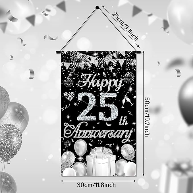 Happy Anniversary Decorations Small Banner Black Silver Happy 25th Anniversary Cruise Door Hanging Banner Porch Front Door Decor for Women Men 25 Years Silver Wedding Anniversaries Party Sign Supplies