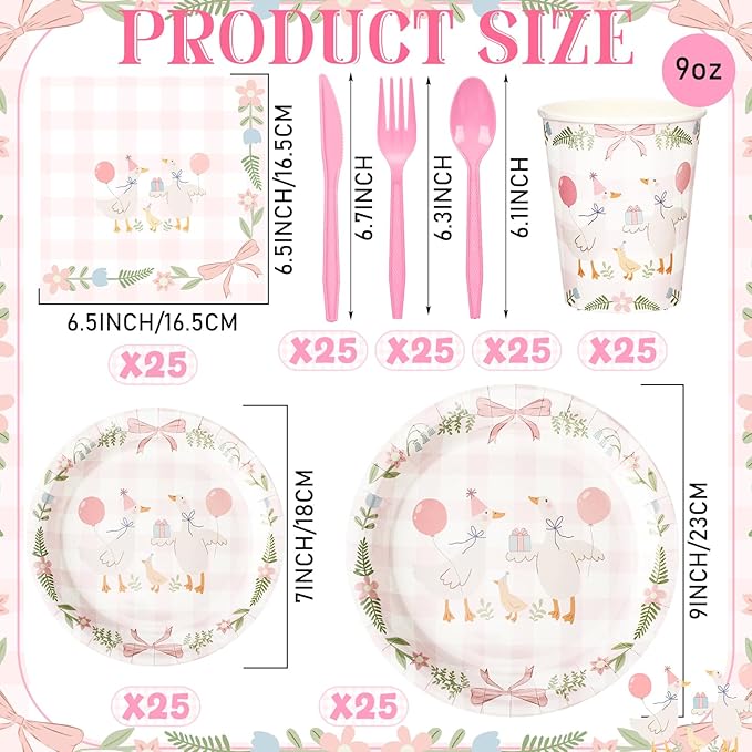 Havawish 175pcs One Silly Goose Birthday Party Tableware Set for 25 Guests - Pink Bow Decor - Includes Plates, Cups, Napkins, Forks, Spoons, Knives