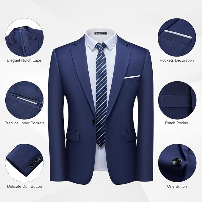 WULFUL Men's 2 Piece Slim Fit Suit Set One Button Blazer Jacket Pants Tuxedo Set for Party, Wedding and Business