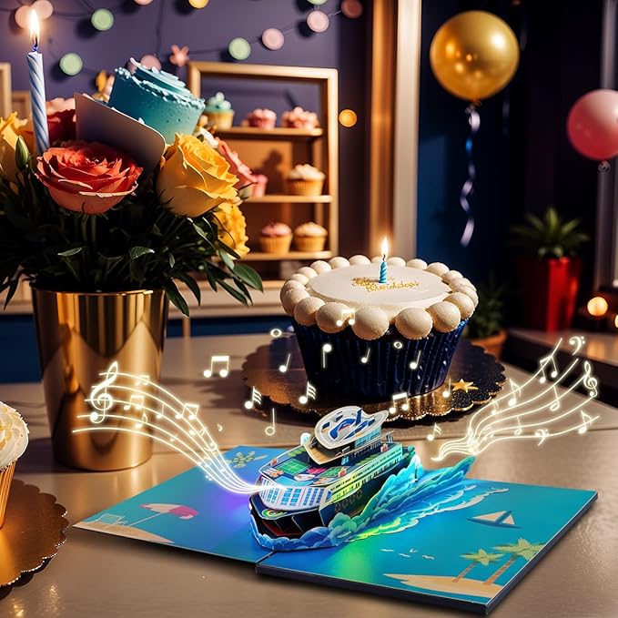 Musical Cruise Ship Pop Up Card, Light & Music Dad Birthday Cards, 3D Father's Day Card, Music Pop Up Birthday Card, Happy Anniversary Card, for All Occasion with Envelope.