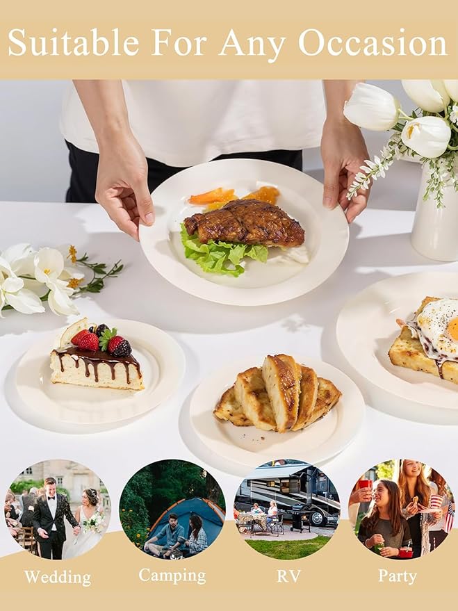 WDF 200PCS Ivory Plastic Plates - Elegant Ivory Disposable Plates for Party- Include 100 Dinner Plate 10inch and 100 Plastic Dessert Plate 7inch Perfect for Party Baby Shower Wedding Spring