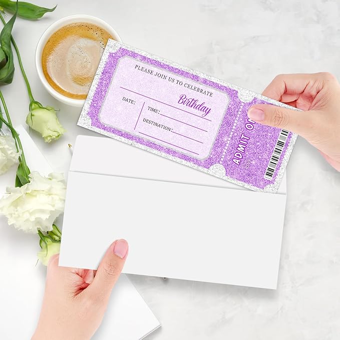 Purple Glitter Birthday Invitation Ticket, Purple Glitter Birthday Invitation for Teen Adult, 20 Pink Ticket With Envelopes, 3.5 x 8" Double-Sided Fill In Birthday Party Personalized Invites Cards - C
