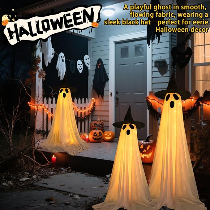 2 Packs Halloween Decorations Outdoor, Light Up Ghost Decorations with 8 Modes & Timer, Battery Operated Halloween Lights Spooky Ghost Decor for Front Porch Yard Lawn Haunted House Party Decor