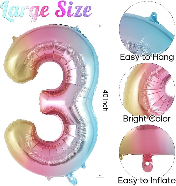 Rainbow Gradient Number 3 Balloon, 40 Inch Big Large Foil Number Balloons, Jumbo Mylar Number 3 Balloons for 3 Third Birthday Party Decorations Supplies Anniversary Celebration