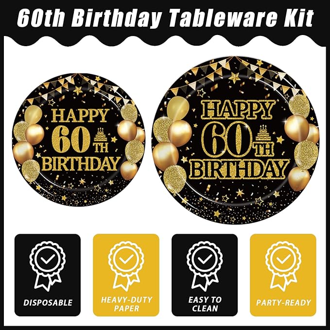 96Pcs 60th Birthday Party Tableware Set, Back in 1966 Birthday Party Decorations Supplies for Men Women Cheers to 60 Years Disposable Paper Plates Napkins Forks Favors, Serve 24