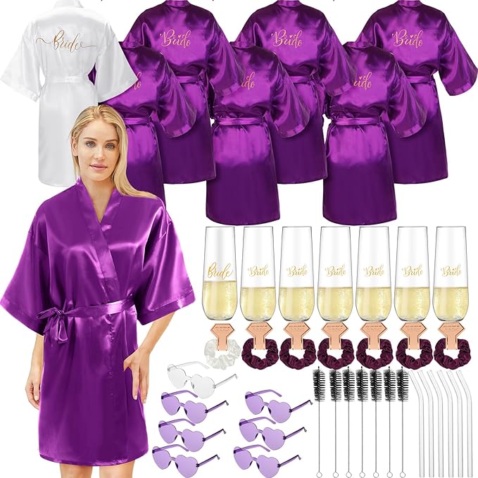Panitay 42 Pcs Bridal Robes Sets Bride Robes Bridesmaids Proposal Gift Heart Sunglasses Champagne Flutes for Wedding Party