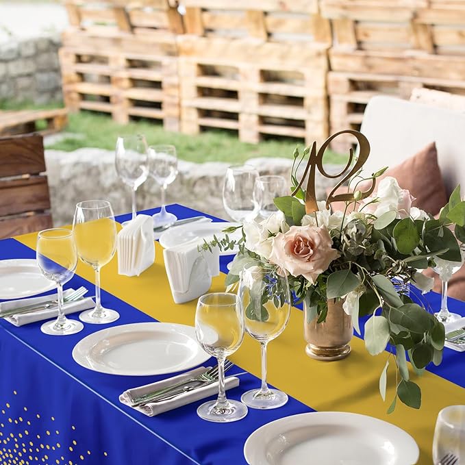 6Pcs Blue and Gold Tablecloth Party Decorations,Plastic Royal Blue Table Cloth Printed Gold Table Runner Disposable Rectangle Table Cover for Birthday Anniversary Wedding Graduation Party,54 x108 Inch