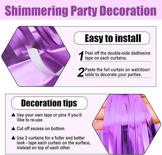3 Pack Light Purple Foil Fringe Curtain Backdrop, 3.28Ft x 6.6Ft Metallic Tinsel Foil Fringe Streamer Curtains for Photo Booth, Christmas Day, Thanksgiving, Wedding, New Year Party Decorations