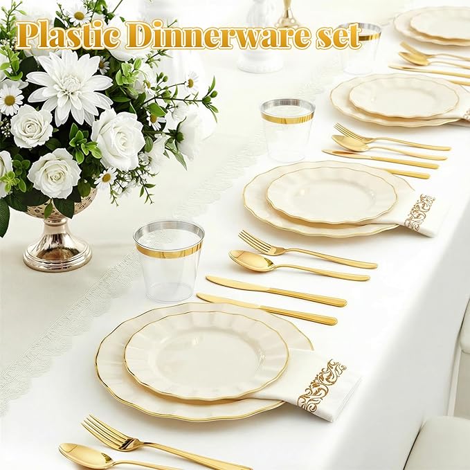 175 Piece Plastic Dinnerware Set Disposable Dinnerware Set for 25 Guests Include 50 Plastic Plates 25 Silverware Set 25 Cups and 25 Napkins for Easter Party Wedding Birthday（White and Gold）