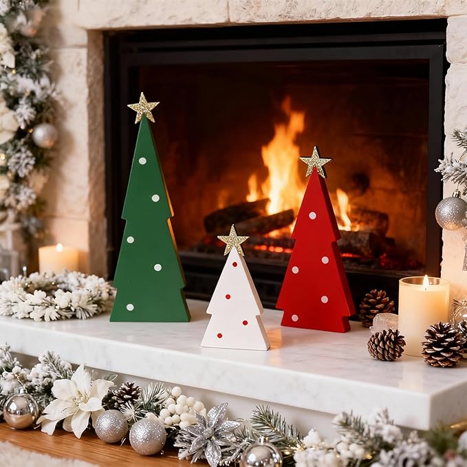 Christmas Decorations Indoor, 3PCS Christmas Trees Decorations Table Shelf Decor Wooden Sign Centerpieces with Glitter Star for Home Office Mantel Tabletop Fireplace Party Decor