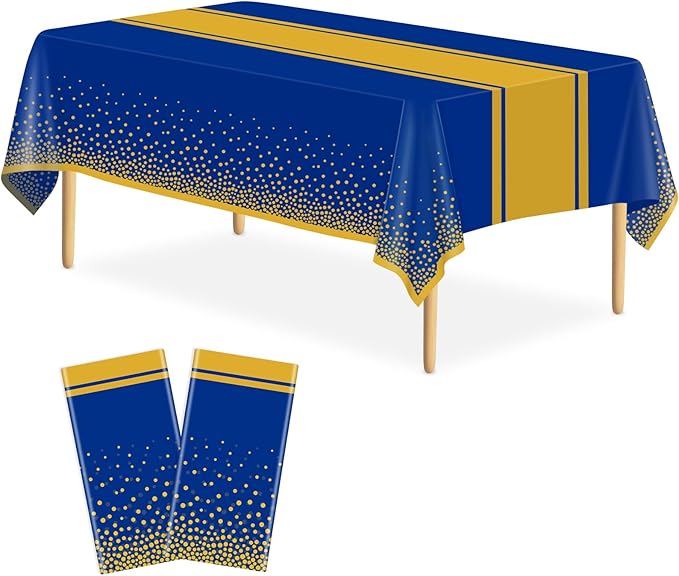 2 Pack Blue and Gold Tablecloth Party Decorations Plastic Blue Tablecloth Printed Gold Table Runner 54 x108 Inch Disposable Rectangle Table Cover for Birthday Wedding Graduation Anniversary