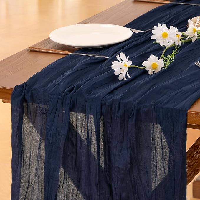 Socomi Navy Blue Easter Spring Cheesecloth Table Runner Boho Rustic Gauze 120 inch 10FT Cheese Cloth Runner for Wedding Party Baby Shower Birthday Home Decor Holiday Decorations