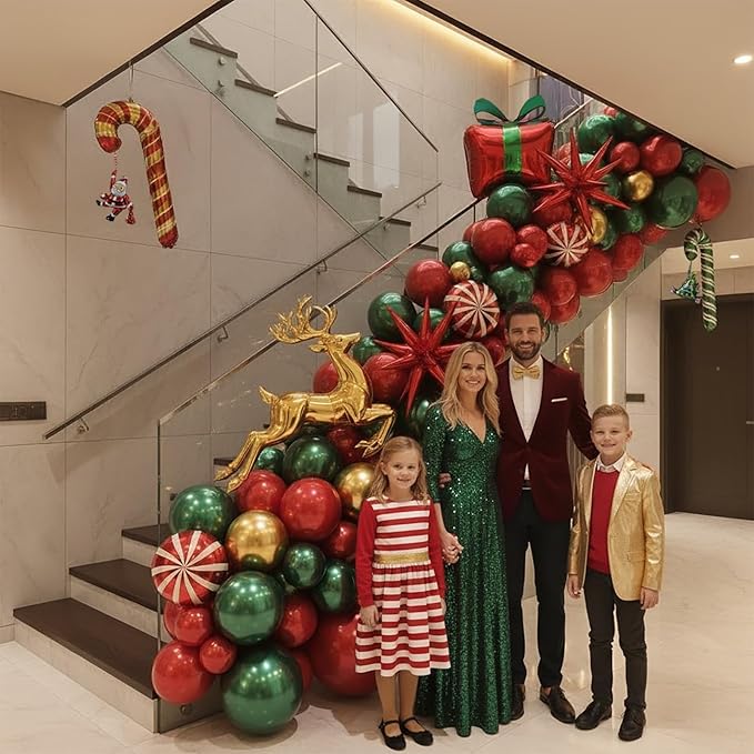 Christmas Party Decorations Include Forest green Red Gold Balloon & Candy Cane Lollipop 4D square and foil strips Balloons for 2026 New Year friendsmas Xmas Holidays Party Decorations
