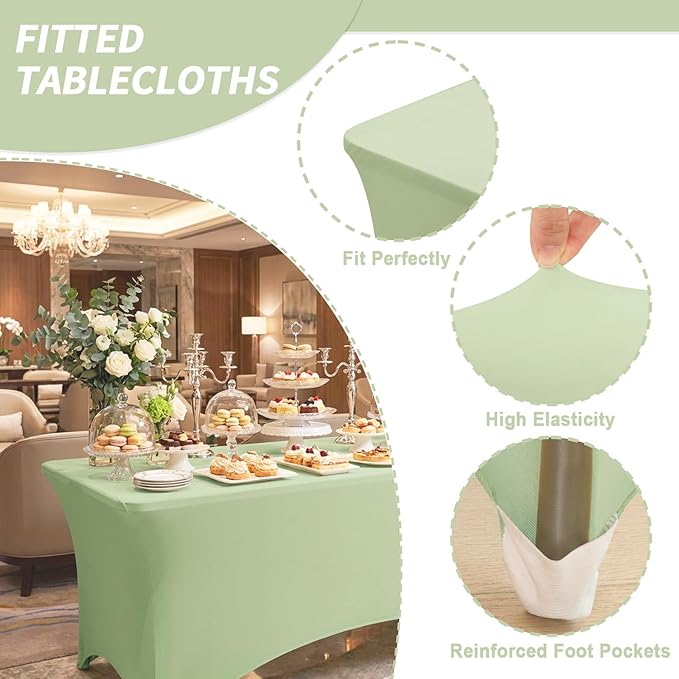 Fixwal 3 Pack Sage Table Cloths Rectangle 6FT, Tablecloths Rectangular Stretch Spandex Fitted Table Covers 6ft for Parties, Trade Shows, Banquet, Weddings, Buffet, Graduation