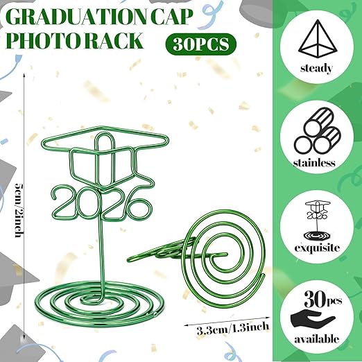 Rtteri 30 Pcs 2026 Grad Cap Graduation Picture Display 2 Inch Green Photo Holders for Centerpieces Graduation Table Number Holders Card Stands for Class of 2026 Grad Party Supplies