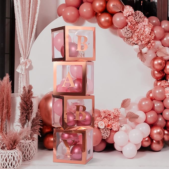 Baby Boxes with Letters for Baby Shower, 4 Transparent Balloon Boxes for Gender Reveal, Wedding, Birthday Decorations (Rose Gold)