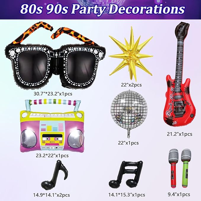 JOGAMS 80s 90s Party Decorations 165Pcs Balloons with Retro Inflatable Guitar Microphone Glasses Music Note Disco Ball Balloons for Back to 90s 80s Hip Hop Rock Theme Birthday Prom Party