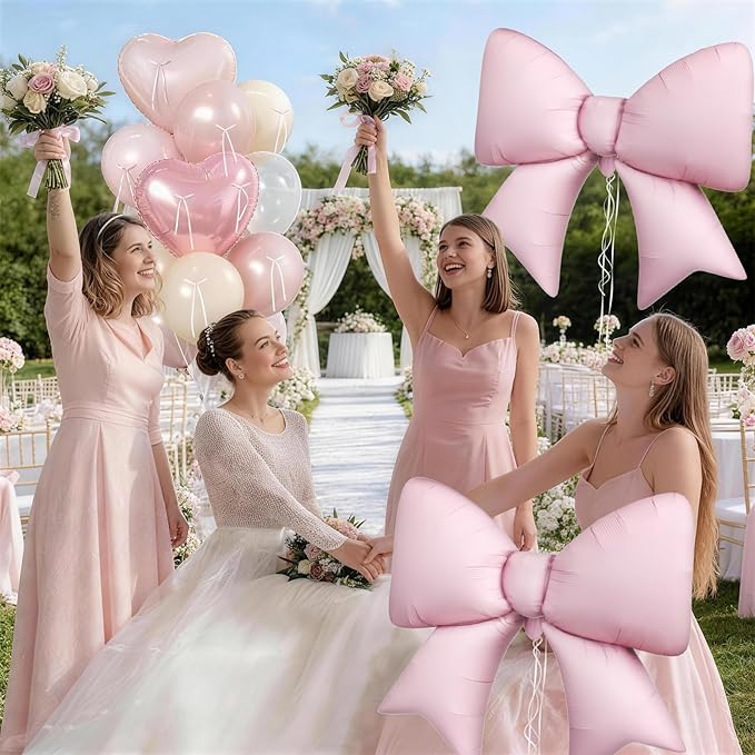 16Pcs Pink Heart Balloons, 38 Inch Bow Balloons, Double Stuffed Pearl Pink Clear Balloon and Bow Heart Shaped Foil Balloon for Girls Birthday Wedding Bridal Baby Shower Valentines Day Decorations