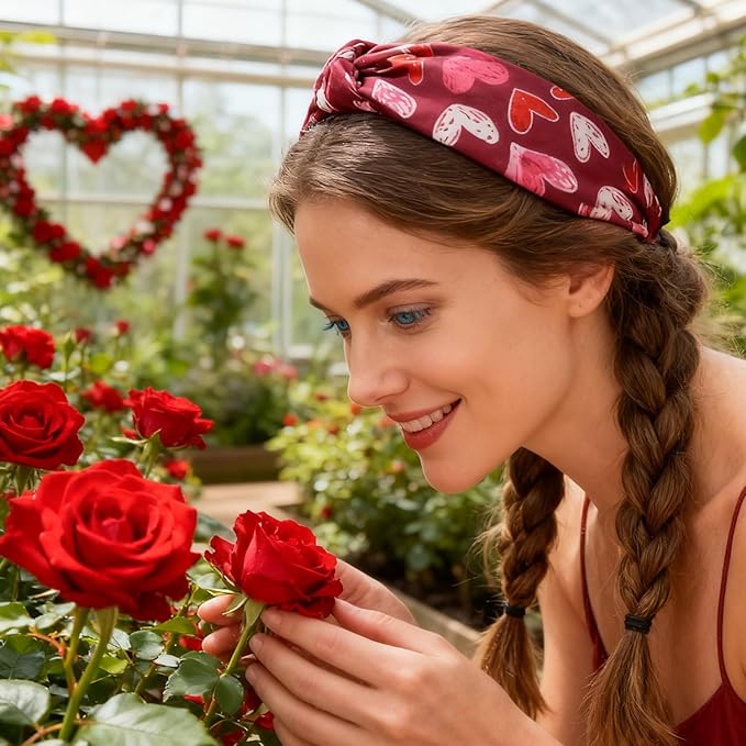 Valentines headband Non Slip Cute Knotted Headbands with Heart Love designs Fashion Women Head Band for Hair Wide Top Knot Headbands for Women Holiday Party Head wear Accessories Supplies Gift 1pcs
