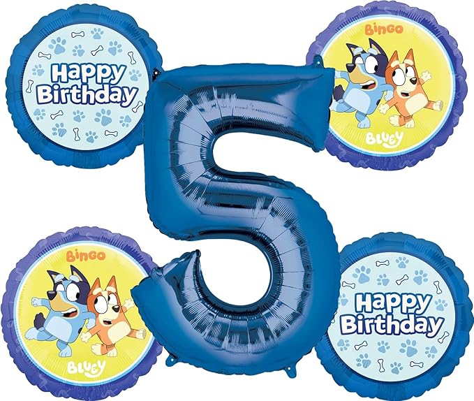 Anagram Bluey 5th Birthday Party Supplies 5pc Foil Balloon Bouquet