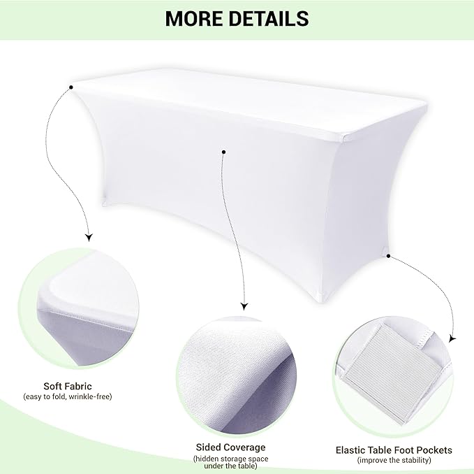 Obstal 8ft Stretch Spandex Table Cover - 4 Pack Universal Rectangular Fitted Tablecloth Protector for Wedding, Banquet and Party, White