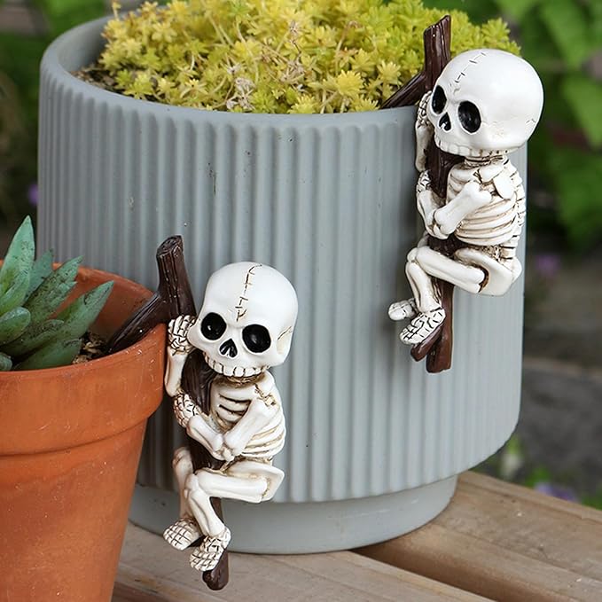 Halloween Skeleton Garden Statue Outdoor Halloween Decor, 2 Pack Gothic Decor Skeleton Plant Decorations for Pots, Cute Ghost Figurine Resin Sculpture for Desk Garden Patio Lawn Yard (C)