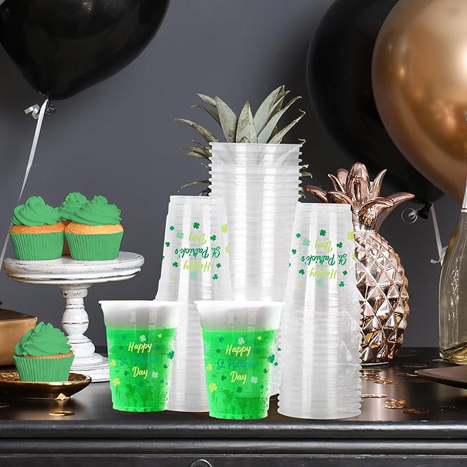 St. Patrick's Day Celebration Pack - 60 Pcs 12oz Irish Themed Plastic Cups with Lucky Shamrock Design, Disposable for Easy Clean-Up, Ideal for Party Supplies & Favors,Irish Party Decorations