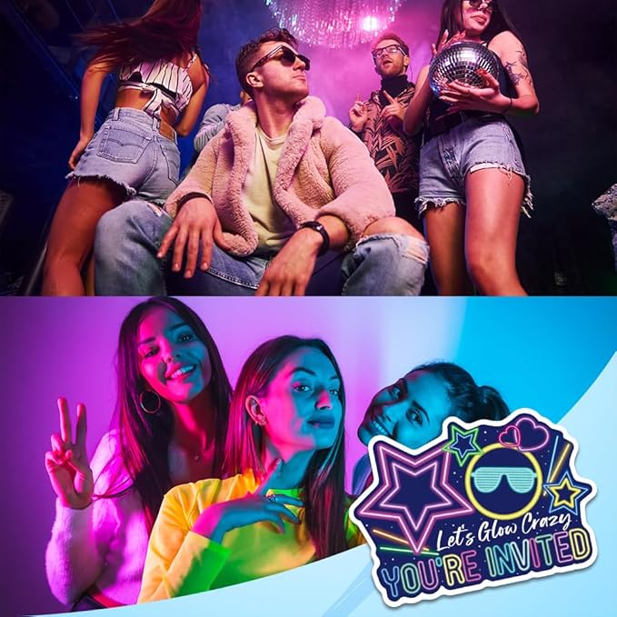 ERHACHAIJIA 15 PCS Let's Glow Crazy Glow Sticks Shaped Fill-In Invitations Cards With Envelopes, Funny Glow Neon Party Birthday Disco Raves Concert Camping Party Invites for Teen Boys Girls Adults