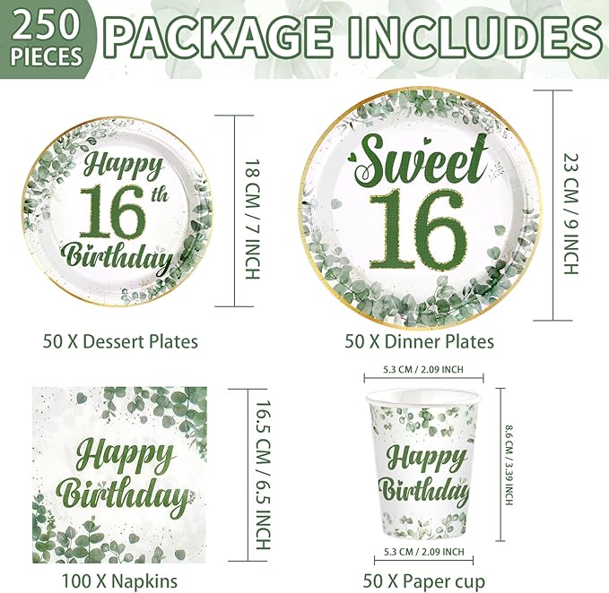 250 Pcs Sweet 16 Party Decorations Sage Green 16th Birthday Tableware Set Include Plates Napkins Cups for Kids Sixteen Years Old Birthday Supplies Serves 50