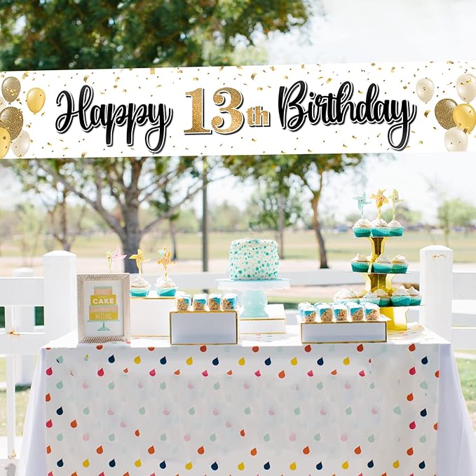 Happy 13th Birthday Decorations,13th Gold Balloon Large Birthday Hanging Banner Sign,Cheers to Thirteen Years Old Bday Party Supplies.