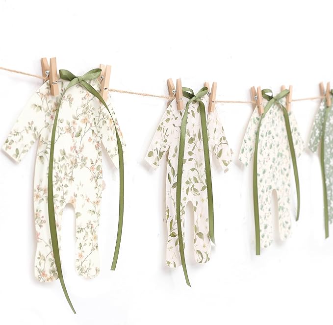 8pcs Neutral Baby Shower Bunting - Green Baby Pajamas with Ribbon Bows, Gender-Revealing Neutral Party Supplies, Clothesline Birthday Party Banner (Baby Shower Banner Green)