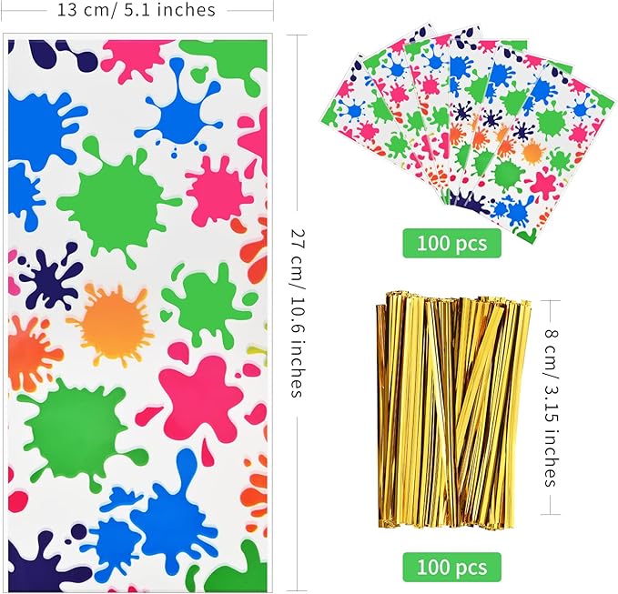 Lecpeting 100 Pcs Artist Paint Treat Bags Colorful Paint Splatter Print Cellophane Candy Bags Art Painting Party Favor with Twist Ties for Artist Painting Theme Birthday Party Supplies