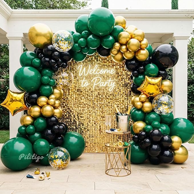 Double Stuffed Dark Green Black Gold Balloon Arch Kit - 104Pcs Emerald Green Balloon Garland with Gold Star Foil Balloons for Graduation 2026, Birthday, Wedding, Baby Shower, Jungle Party Decorations