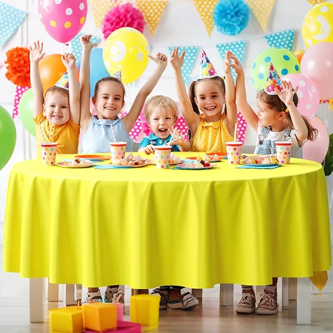 mwellewm 6Pcs Round Tablecloth Plastic Table Cloth Disposable Assorted Color Rainbow Colorful Neon Table Cover Candyland Decorations for Birthday Christmas Graduation Fiesta Party Picnic(84 Inch)