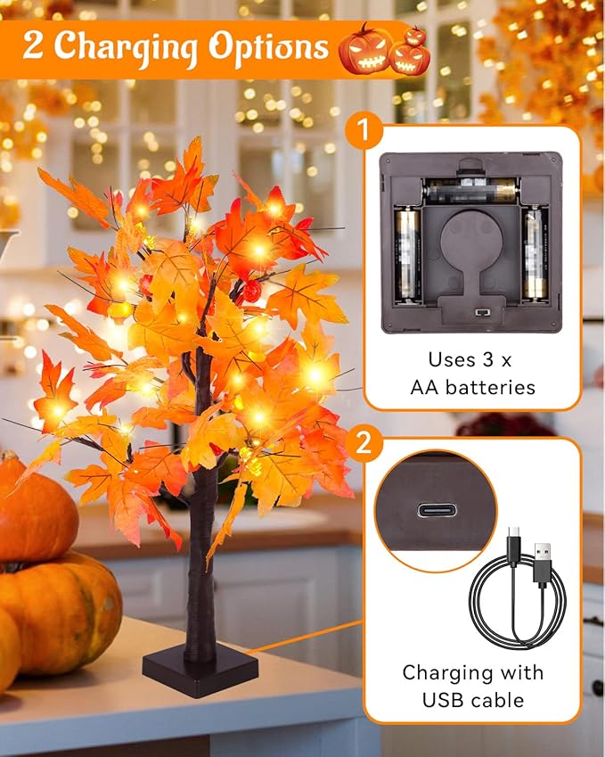 Fall Maple Tree Light 2 Pack, Fall Decorations USB & Battery Operated Light Up Artificial Pumpkins Maple Acorn Tree for Fall Halloween Thanksgiving Table Harvest Home Indoor Decoration