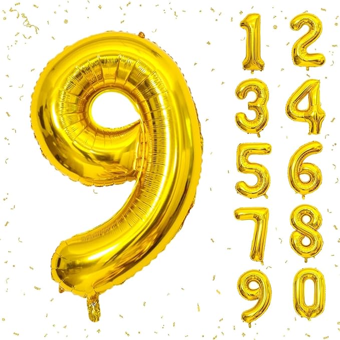 32 In Gold Large Numbers Balloons 0-9, Self Inflating Number 9 Balloons for Boys Girls, Big Gold Digit 9 Balloons for Women Men Birthday Party Anniversary Wedding Supplies Decorations